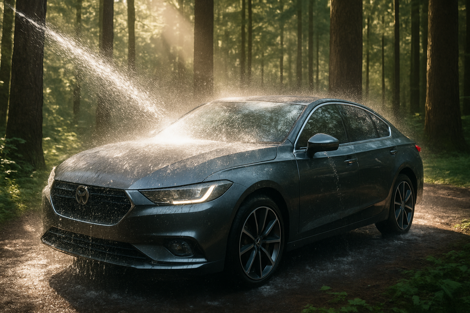 A car being washed in a natural forest setting with water splashing over the vehicle among tall trees with sunlight filtering through the canopy